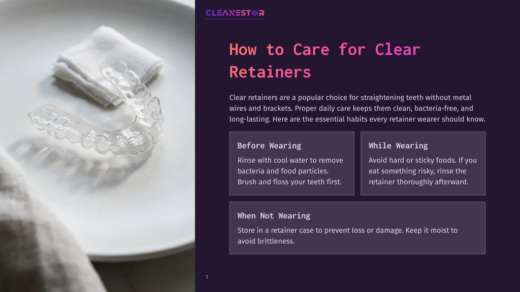 Clear Plastic Teeth Retainers Rest On A White Cloth Next To A Retainer Case, With Text Overlay &Quot;How To Care For Clear Retainers&Quot;.