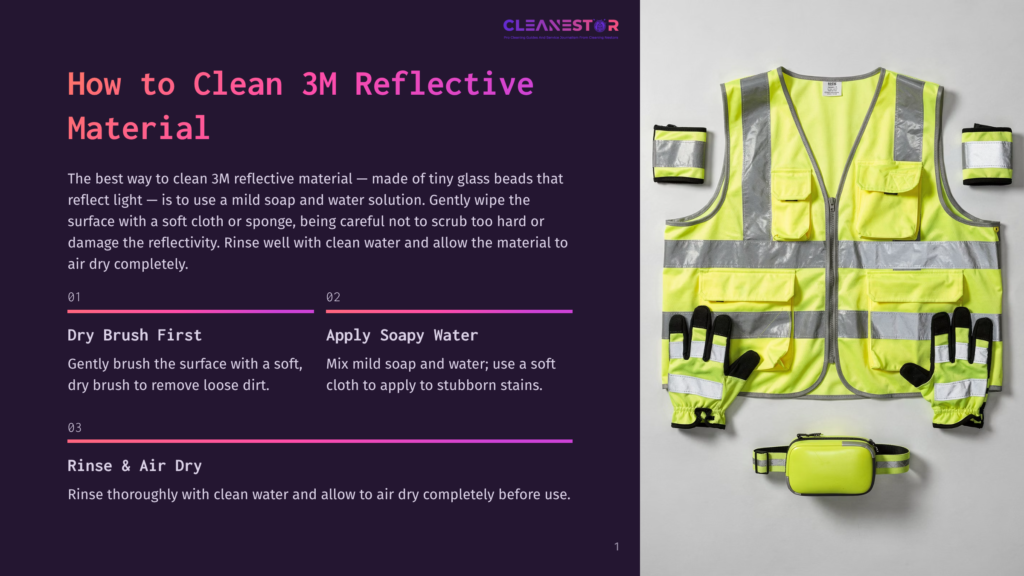 1 How To Clean 3M Reflective Material High-Visibility Safety Vest And Accessories Laid Out Flat For Cleaning, With Text Overlay Detailing How To Clean 3M Reflective Material.
