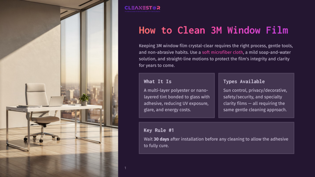 Cleanestor Logo And &Quot;How To Clean 3M Window Film&Quot; Text Above A Modern Office Interior With A Large Window, Desk, And Chair.