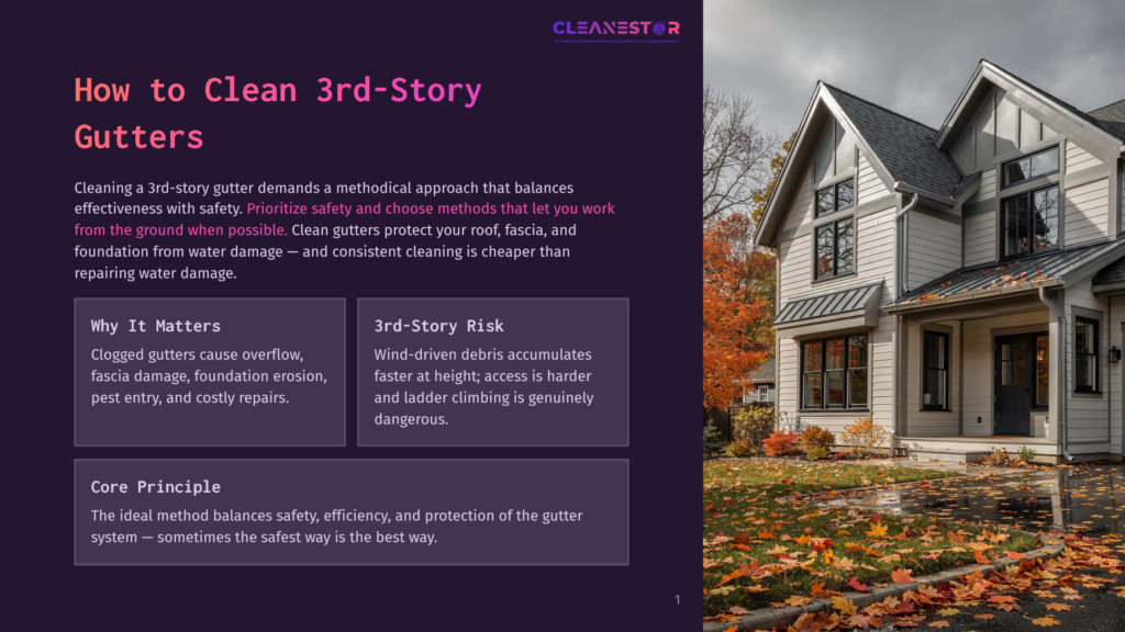 A Beautiful, Two-Story House With A Dark Gray Roof And White Trim Stands On A Wet Driveway, Surrounded By Colorful Autumn Leaves. The Image Promotes Cleaning 3Rd-Story Gutters.