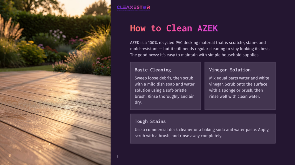 1 How To Clean Azek Cleanestor Logo With Text &Quot;How To Clean Azek&Quot;. A Sunlit, Textured Pvc Deck With Grass And Flowers In The Background.