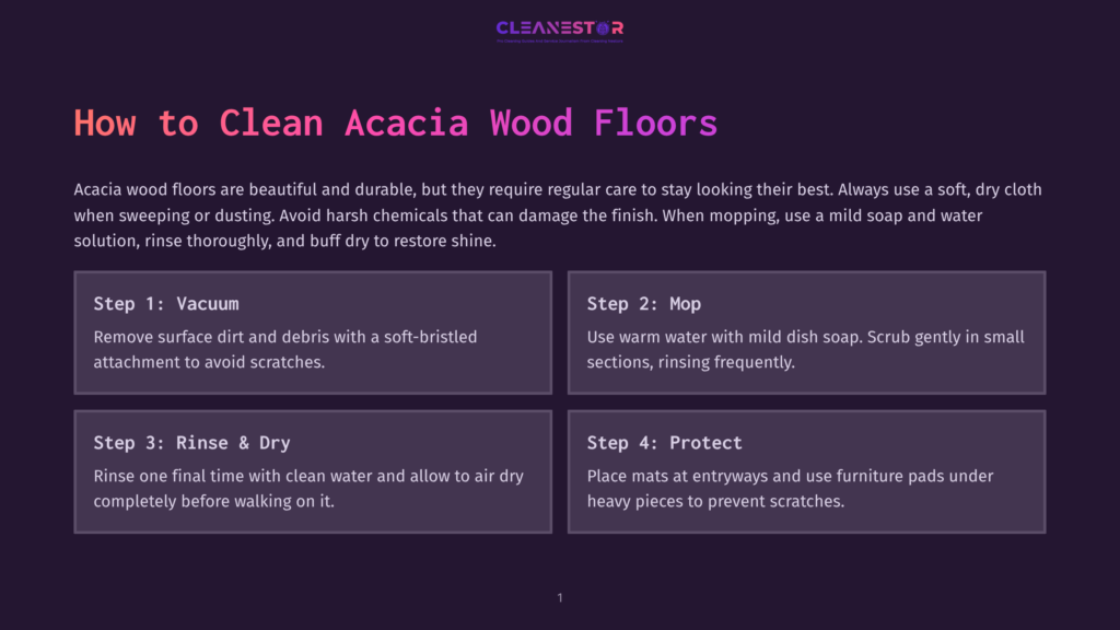 1 How To Clean Acacia Wood Floors Infographic With Four Steps On How To Clean Acacia Wood Floors: Vacuum, Mop, Rinse &Amp; Dry, And Protect. The Text &Quot;Cleanestor&Quot; Is At The Top.