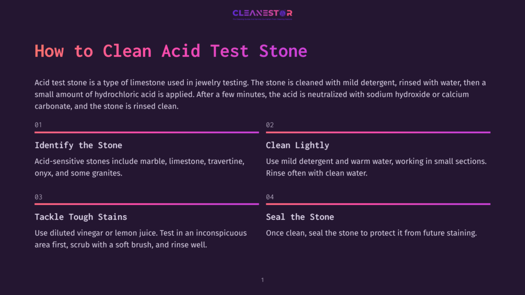 Cleanestor Graphic: &Quot;How To Clean Acid Test Stone&Quot; With Steps: 1. Identify The Stone, 2. Clean Lightly, 3. Tackle Tough Stains, 4. Seal The Stone.