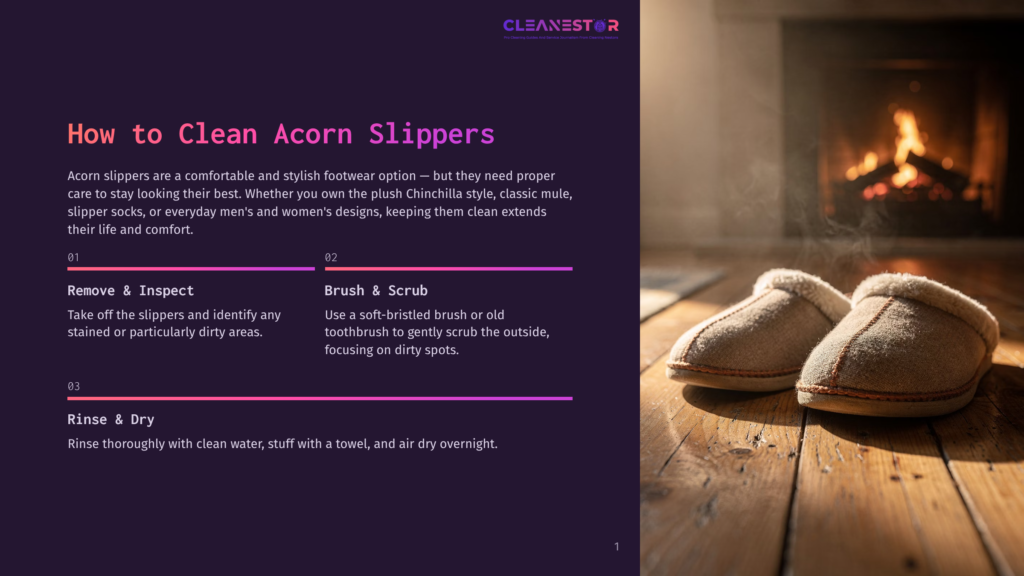 Cozy Acorn Slippers Rest On A Wooden Floor In Front Of A Warm, Glowing Fireplace, Suggesting Comfort And Home.