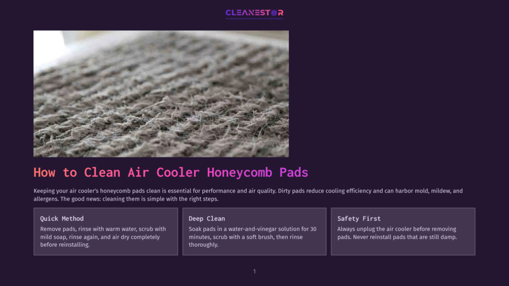 1 How To Clean Air Cooler Honeycomb Pads Close-Up Of Dusty, Dirty Air Cooler Honeycomb Pads, Showing Clogged Fibers And Debris. The Pads Are A Light Brown And Gray Color, With Visible Particles Trapped Within The Material.