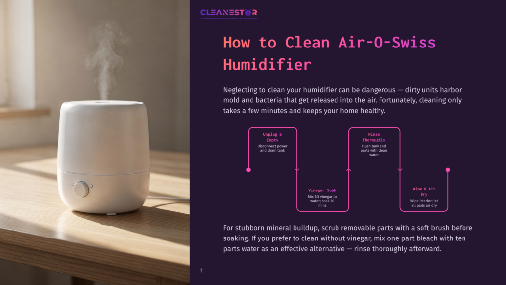 1 How To Clean Air O Swiss Humidifier A White Air-O-Swiss Humidifier Sits On A Wooden Table, Emitting A Gentle Stream Of Steam. Beside It, A Graphic From Cleanestor Titled &Quot;How To Clean Air-O-Swiss Humidifier&Quot; Outlines Cleaning Steps: Unplug &Amp; Empty, Rinse Thoroughly, Vinegar Soak, Wipe &Amp; Air Dry.