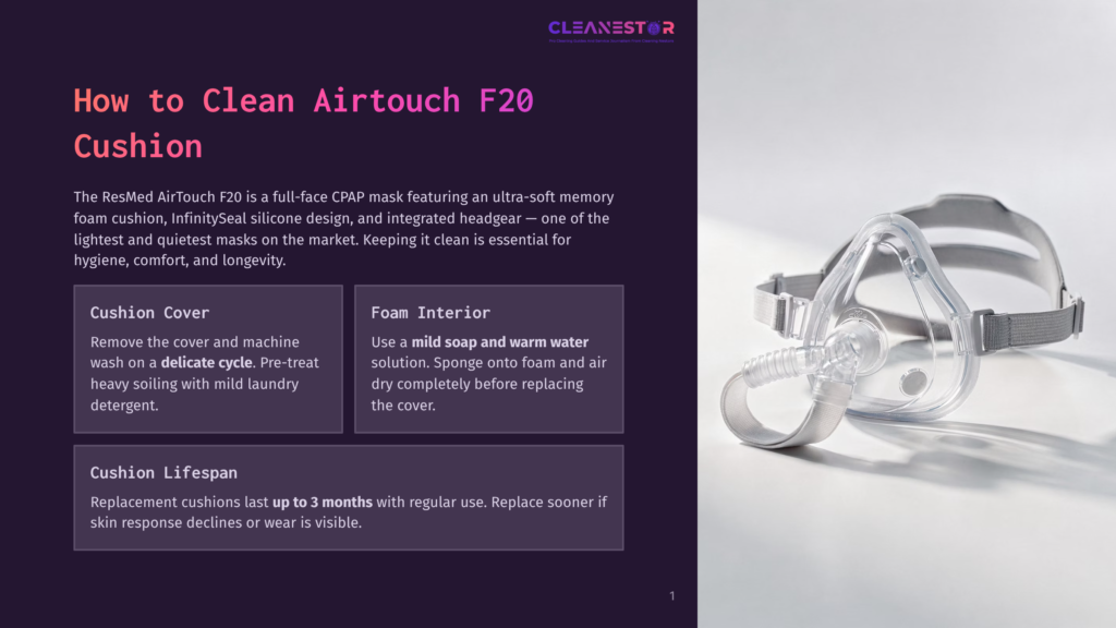 A Clear Cpap Mask With A Soft Foam Cushion And Adjustable Headgear, Resting On A White Surface. Text Overlay Describes How To Clean And Care For The Resmed Airtouch F20 Cushion.