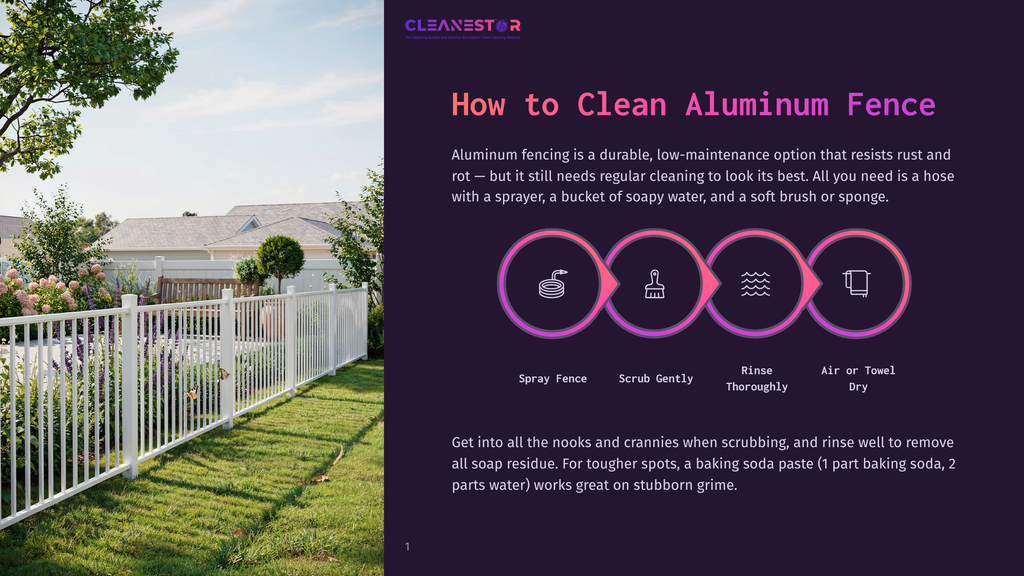 White Aluminum Fence With A Clean, Modern Design Bordering A Lush Green Lawn And Colorful Flower Beds. The Image Also Features Text From A Cleaning Guide On How To Clean Aluminum Fences.