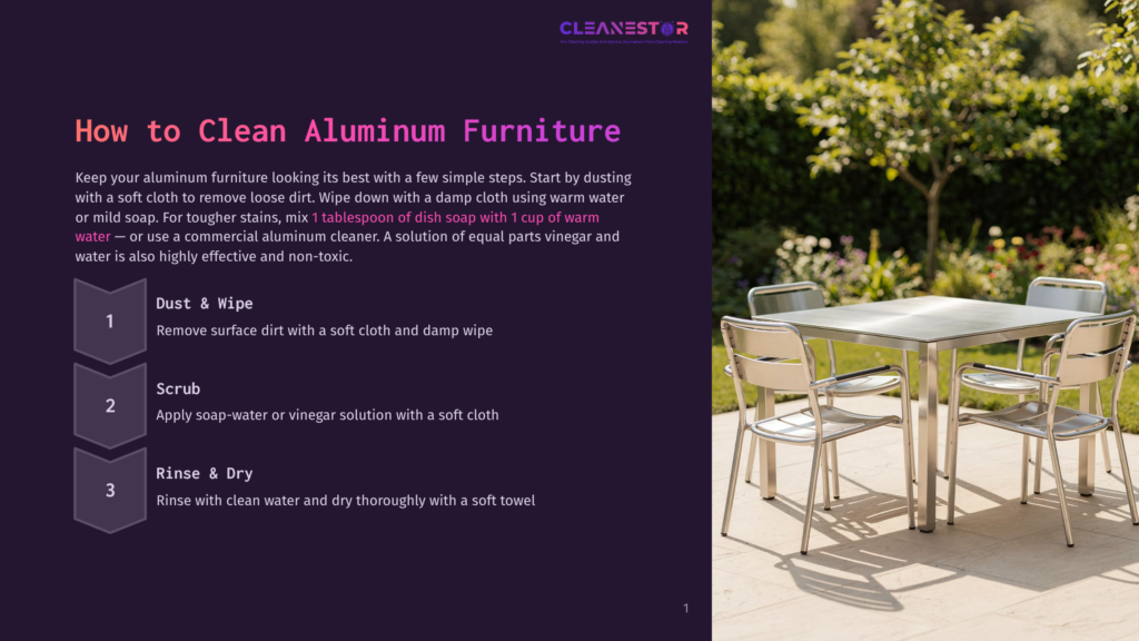 A Clean, Modern Aluminum Outdoor Dining Set With Four Chairs And A Table Sits On A Patio With Lush Green Foliage In The Background. Text Overlay Provides Cleaning Instructions For Aluminum Furniture.