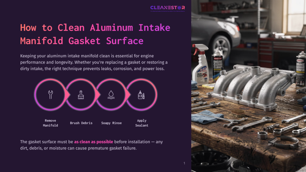 An Aluminum Intake Manifold Sits On A Workbench, Surrounded By Tools And Cleaning Supplies, Ready For Gasket Installation. Text Overlay Reads: &Quot;How To Clean Aluminum Intake Manifold Gasket Surface.