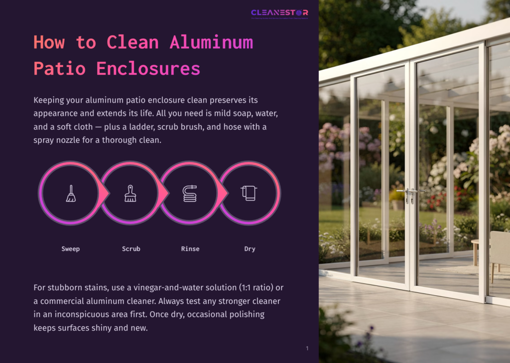 1 How To Clean Aluminum Patio Enclosures A Modern Aluminum Patio Enclosure With Large Glass Windows And Doors, Bathed In Natural Light, Stands Next To A Lush Garden. The Text &Quot;How To Clean Aluminum Patio Enclosures&Quot; Is Visible.