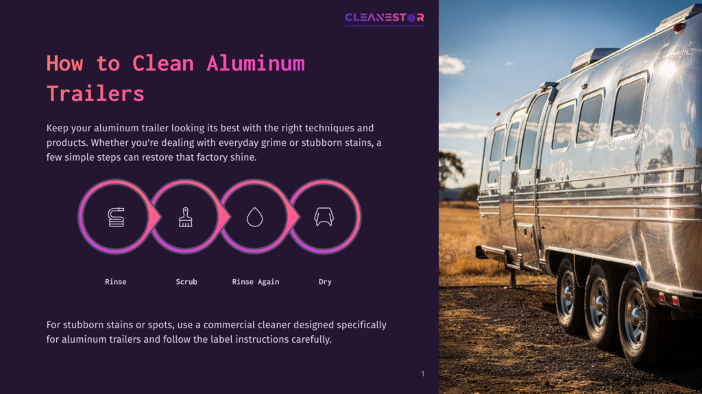 1 How To Clean Aluminum Trailers A Shiny, Polished Aluminum Airstream Trailer Gleams In The Sun, Parked On A Gravel Road With Trees In The Background. The Image Also Features A Graphic Overlay With The Title &Quot;How To Clean Aluminum Trailers&Quot; And Four Circular Icons Representing Cleaning Steps: Rinse, Scrub, Rinse Again, And Dry.