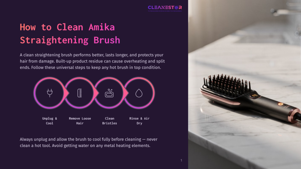 Diagram Showing How To Clean An Amika Straightening Brush: Unplug &Amp; Cool, Remove Loose Hair, Clean Bristles, Rinse &Amp; Air Dry. Text Explains To Unplug And Let Cool Before Cleaning.
