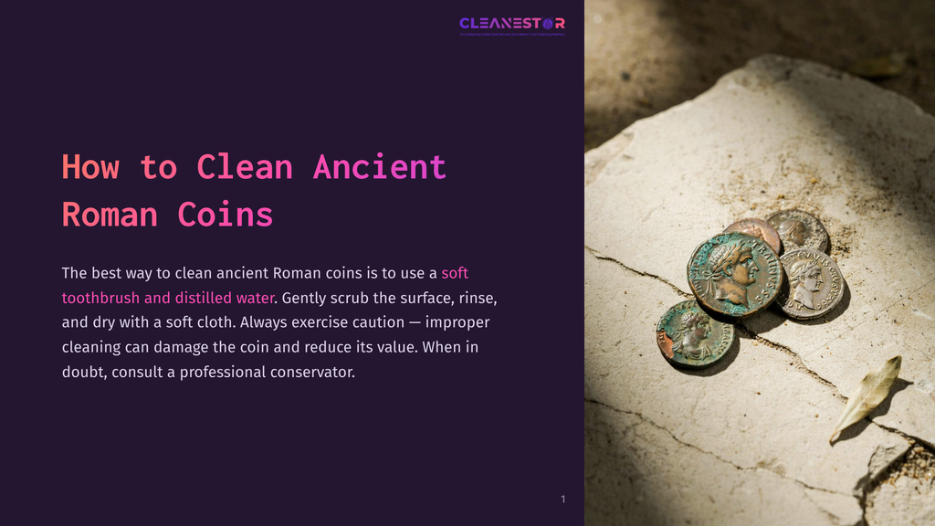 Ancient Roman Coins, Some With Green Patina, Lie On Rough, Light-Colored Stone. The Image Includes The Text &Quot;Cleanestor&Quot; And &Quot;How To Clean Ancient Roman Coins&Quot;.