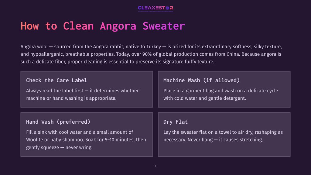 Infographic Titled &Quot;How To Clean Angora Sweater&Quot; With Four Sections: &Quot;Check The Care Label&Quot;, &Quot;Machine Wash (If Allowed)&Quot;, &Quot;Hand Wash (Preferred)&Quot;, And &Quot;Dry Flat&Quot;.