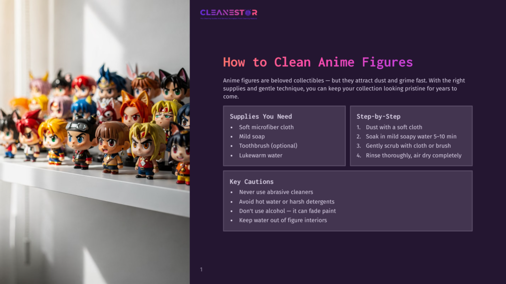 1 How To Clean Anime Figures A Collection Of Colorful Anime Figures Displayed On A White Shelf, With A Graphic Overlay Detailing How To Clean Them. The Graphic Includes &Quot;Cleanestor&Quot; Logo And &Quot;How To Clean Anime Figures&Quot; Title.