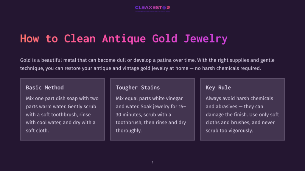 1 How To Clean Antique Gold Jewelry Title Card For &Quot;How To Clean Antique Gold Jewelry&Quot; With Three Cleaning Methods: Basic Method, Tougher Stains, And Key Rule, All Presented On A Dark Purple Background.