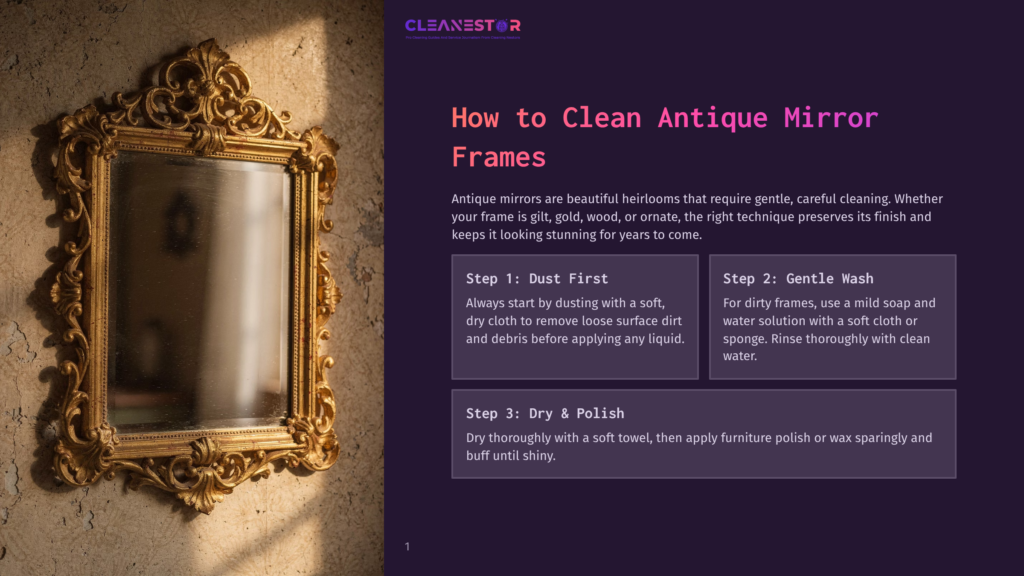 Close-Up Of An Ornate, Antique Gold Mirror Frame With Intricate Carved Details, Set Against A Textured, Earthy-Toned Wall. The Mirror Reflects The Light, Hinting At The &Quot;How To Clean Antique Mirror Frames&Quot; Guide.