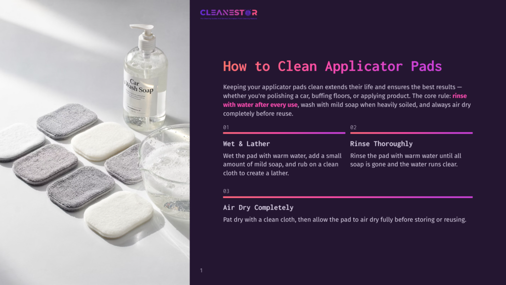 1 How To Clean Applicator Pads Cleanestor Guide: How To Clean Applicator Pads. A Bottle Of Car Wash Soap Sits Next To A Bowl Of Soapy Water And An Array Of Colorful Microfiber Applicator Pads, Ready For Cleaning.