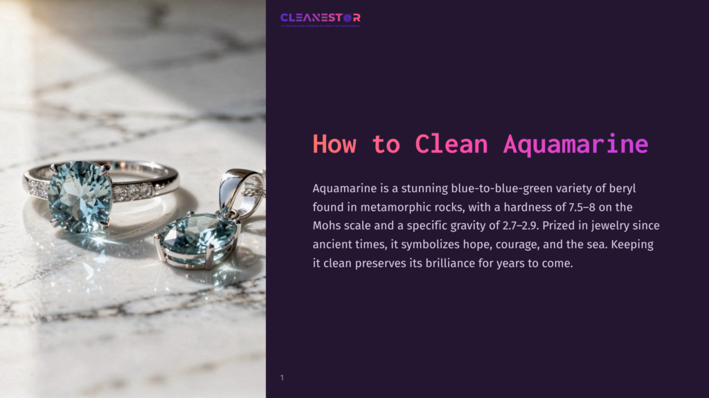 A Sparkling Aquamarine Ring And Pendant With Diamond Accents Rest On A Marbled Surface, Bathed In Soft Light. The Text &Quot;Cleanestor&Quot; And &Quot;How To Clean Aquamarine&Quot; Is Visible.