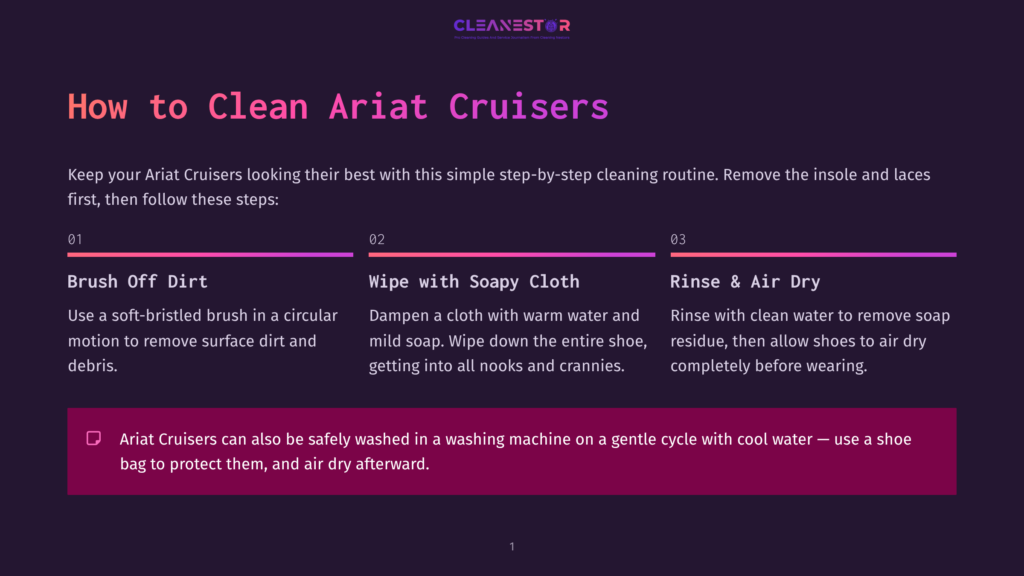 1 How To Clean Ariat Cruisers Infographic Titled &Quot;How To Clean Ariat Cruisers&Quot; With Three Steps: Brush Off Dirt, Wipe With Soapy Cloth, And Rinse &Amp; Air Dry. Also Notes That Ariat Cruisers Can Be Machine Washed.