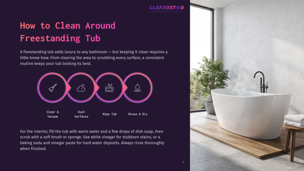 A Luxurious White Freestanding Tub Sits In A Modern Bathroom With A Large Window, Natural Light, And A Potted Plant. The Image Also Displays A Graphic With Steps On How To Clean A Freestanding Tub.
