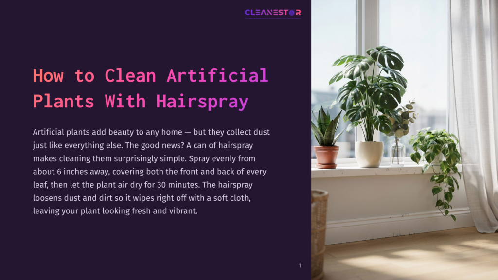 Artificial Plants On A Windowsill, Including A Large Monstera Plant, A Snake Plant, And A Hanging Plant, Bathed In Natural Light. Text Overlay Reads: &Quot;Cleanestor: Pro Cleaning Solutions And Expert Home Services.