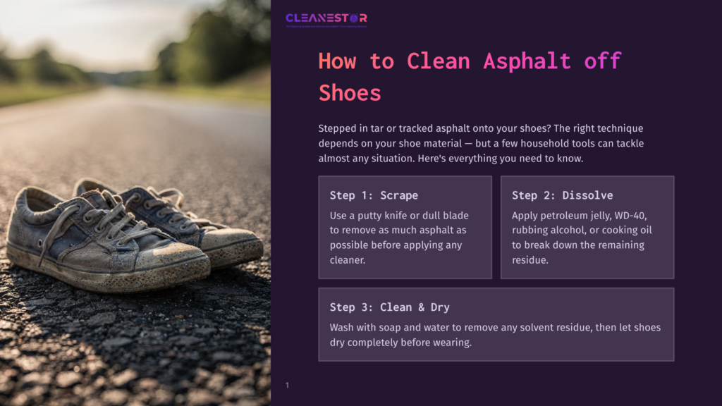 1 How To Clean Asphalt Off Shoes A Pair Of Dirty, Worn-Out Canvas Sneakers Sit On A Textured Asphalt Road, With A Blurred Background Of The Road Stretching Into The Distance Under A Warm, Sunset Sky. The Text &Quot;How To Clean Asphalt Off Shoes&Quot; Is Visible.