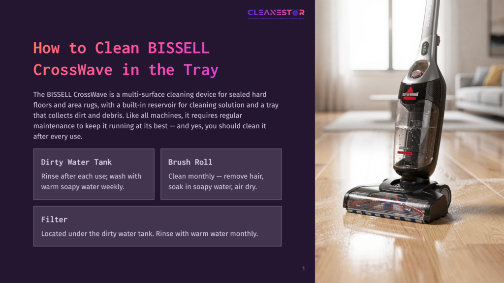 1 How To Clean Bissell Crosswave In The Tray A Bissell Crosswave Vacuum Cleaner Stands Upright On A Light Wood Floor, Ready For Use. The Cleaner Features A Transparent Dirty Water Tank With Visible Debris And A Brush Roll At The Base.