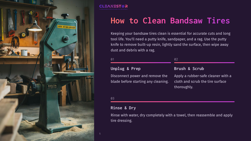 1 How To Clean Bandsaw Tires A Vintage Green Delta Bandsaw In A Workshop, With Dust Flying From The Blade As It Cuts Wood. The Image Is Part Of A &Quot;Cleanestor&Quot; Guide On Cleaning Bandsaw Tires.