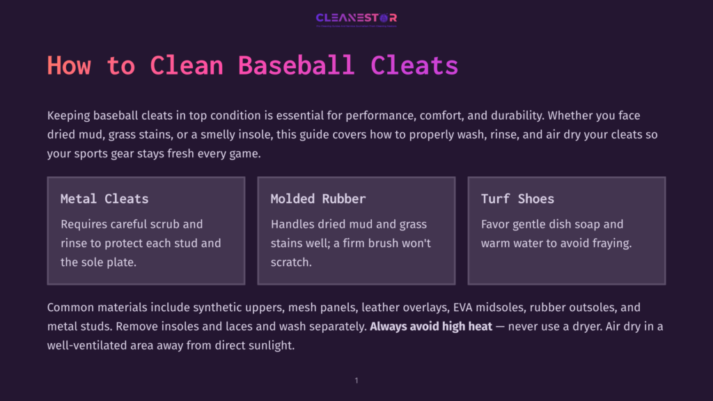 1 How To Clean Baseball Cleats A Graphic Titled &Quot;How To Clean Baseball Cleats&Quot; With Three Sections: &Quot;Metal Cleats,&Quot; &Quot;Molded Rubber,&Quot; And &Quot;Turf Shoes.&Quot; The Background Is A Dark Purple With A Subtle Gradient.