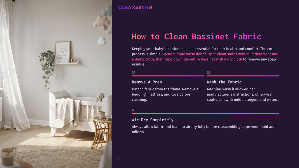 1 How To Clean Bassinet Fabric Cleanestor Logo And Instructions On How To Clean A Baby Bassinet Fabric, Featuring A Peaceful Nursery Scene With A White Bassinet, A Stuffed Elephant, And A Woven Rug.