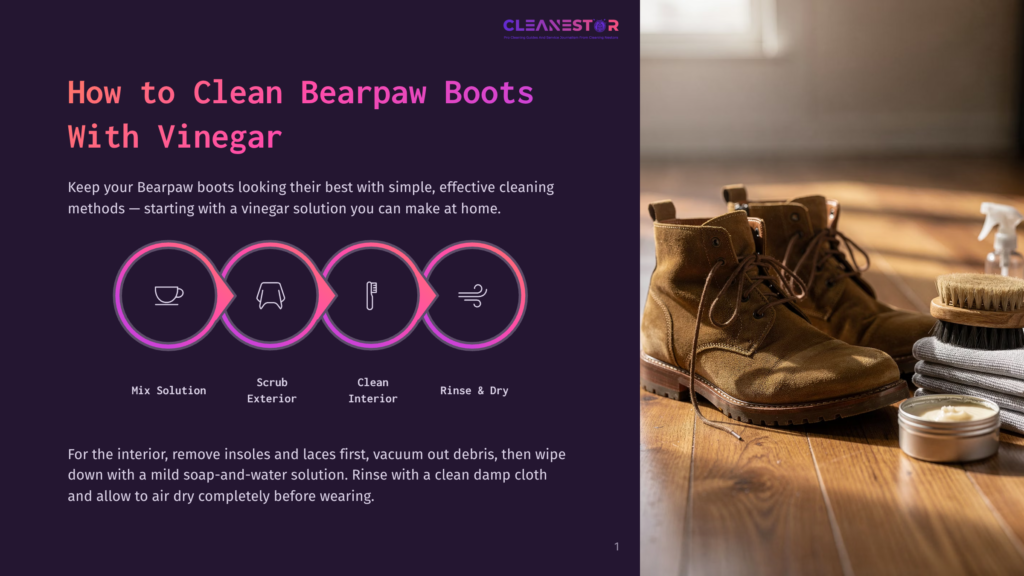 A Pair Of Tan Bearpaw Boots Sits On A Wooden Floor Next To Cleaning Supplies, Including Brushes And A Cloth. The Image Also Features A Graphic Illustrating How To Clean Bearpaw Boots With Vinegar.