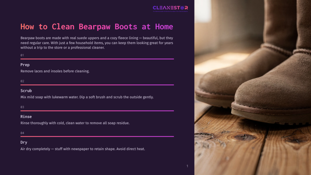 Close-Up Of Two Cozy Brown Suede Bearpaw Boots Resting On A Rustic Wooden Floor, Illustrating The &Quot;How To Clean Bearpaw Boots At Home&Quot; Guide.