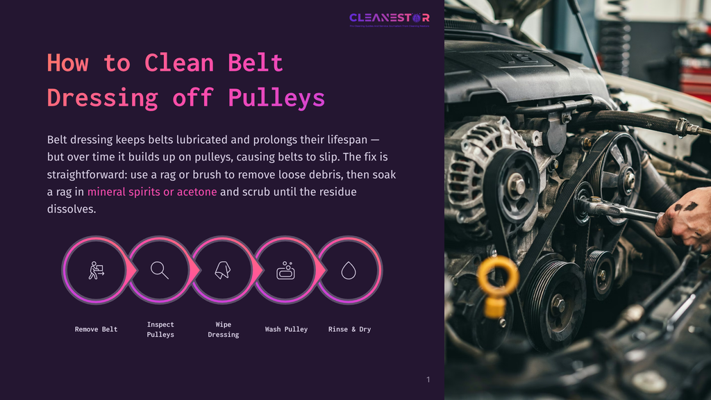 Diagram Showing Steps To Clean Belt Dressing Off Pulleys: Inspect Pulleys, Wipe Dressing, Wash Pulley, Rinse &Amp; Dry. Text &Quot;How To Clean Belt Dressing Off Pulleys&Quot; Is Prominent.
