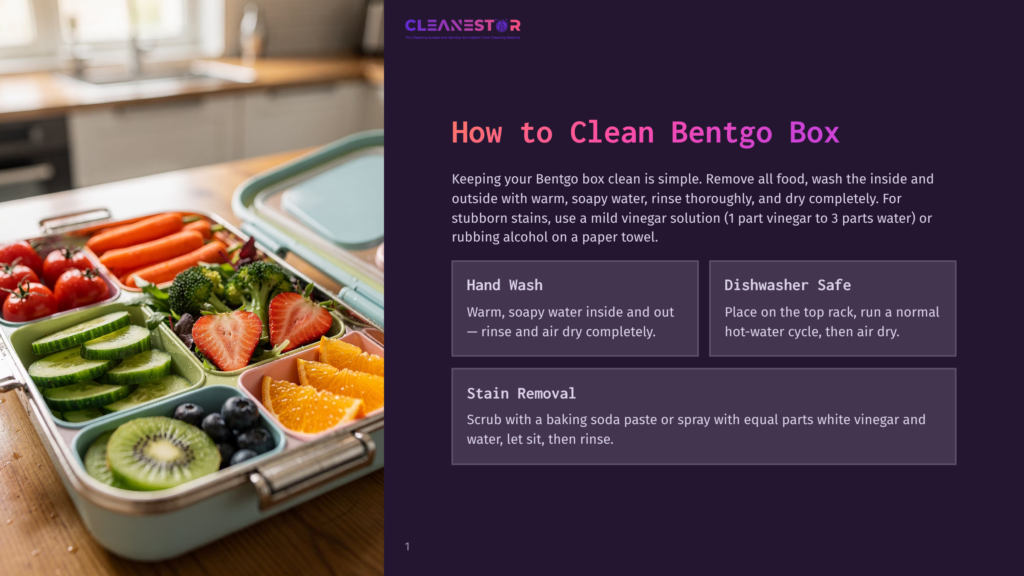 A Light Blue Bentgo Lunch Box Filled With Colorful, Fresh Fruits And Vegetables, Including Strawberries, Blueberries, Oranges, Kiwi, Carrots, And Broccoli. The Text &Quot;Cleanestor&Quot; Is Visible At The Top.