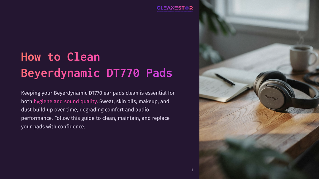 Beyerdynamic Dt770 Headphones Rest On A Wooden Desk Next To An Open Notebook And A Steaming Mug Of Coffee, With The &Quot;Cleanestar&Quot; Logo Visible On A Dark Purple Overlay.