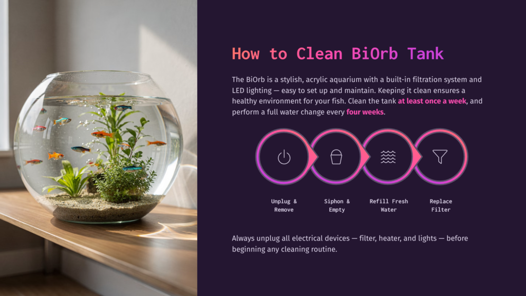 A Bioorb Aquarium With Colorful Fish, Live Plants, And Gravel On A Wooden Shelf, Next To A Graphic Illustrating How To Clean The Bioorb Tank.
