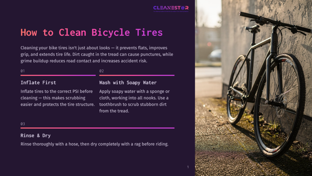 A Dark-Colored Bicycle Leans Against A Textured, Light-Colored Wall, Its Tires Visible. The Image Includes Text From A Graphic Overlay: &Quot;Cleanestor&Quot; And &Quot;How To Clean Bicycle Tires.