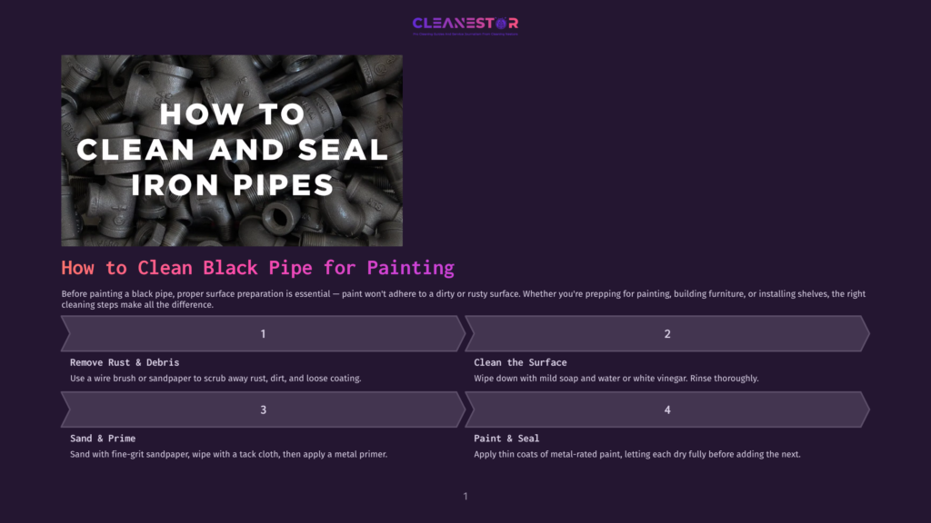 How To Clean And Seal Iron Pipes For Painting: Step-By-Step Guide With Text Overlays Detailing Rust Removal, Surface Cleaning, Sanding, And Painting.