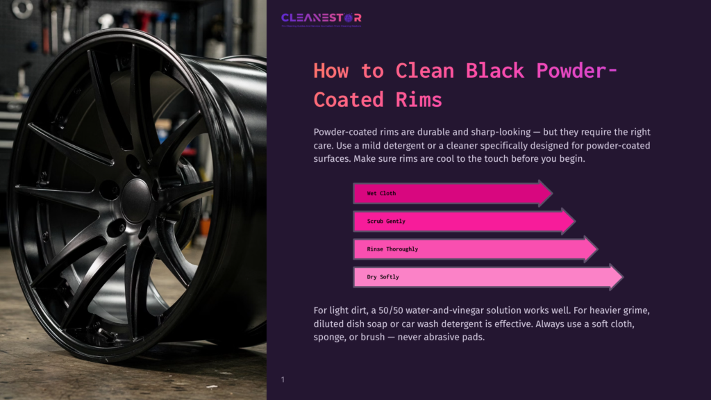 1 How To Clean Black Powder Coated Rims Close-Up Of A Sleek, Black Powder-Coated Car Rim With Intricate Spokes, Set Against A Dark Background. Text Overlays Provide Cleaning Instructions: &Quot;Wet Cloth,&Quot; &Quot;Scrub Gently,&Quot; &Quot;Rinse Thoroughly,&Quot; And &Quot;Dry Softly.