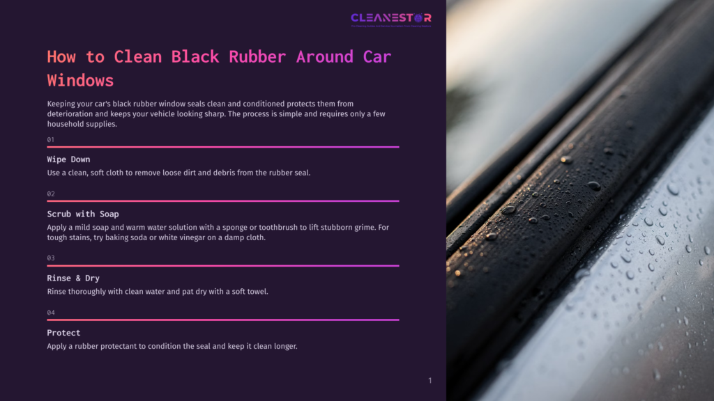 Close-Up Of Water Droplets On Black Rubber Window Seals Of A Car, Showcasing The Texture And Detail Of The Material After Cleaning. The Image Highlights The Effectiveness Of Cleaning Black Rubber Seals.