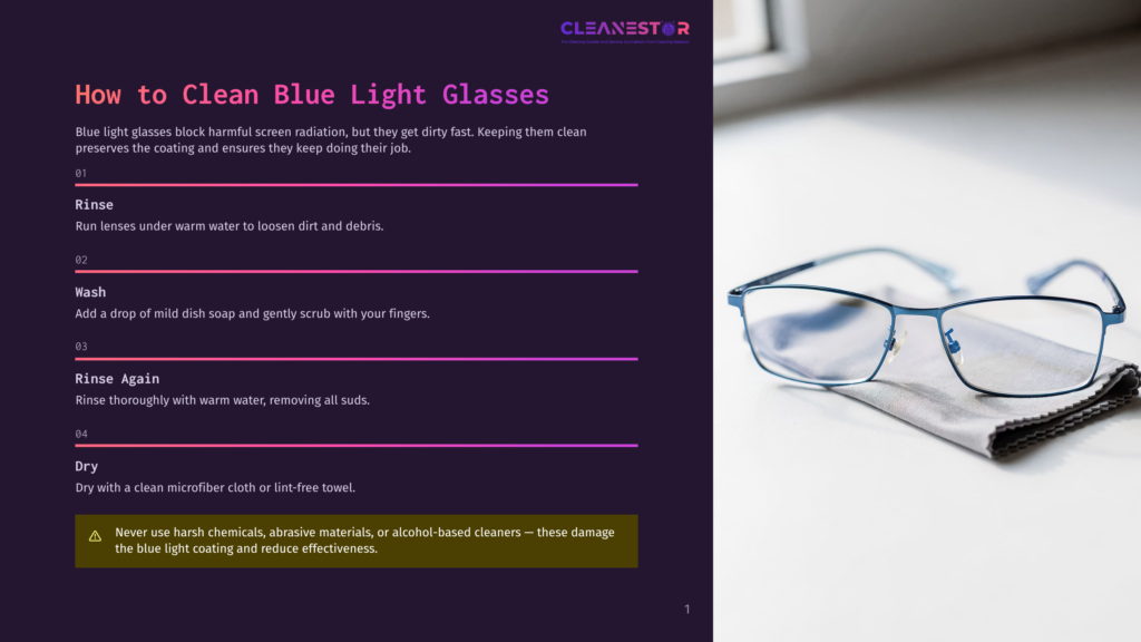 Close-Up Of Blue Light Blocking Glasses On A Gray Microfiber Cloth, With Instructions For Cleaning Them Visible On A Purple Background. The Glasses Have A Metallic Blue Frame And Clear Lenses.