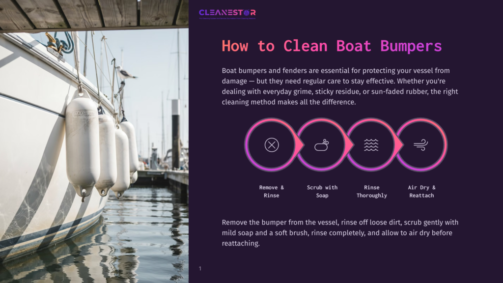 1 How To Clean Boat Bumpers White Boat Bumpers Hang From The Side Of A White Boat Docked At A Marina, With A Graphic Explaining How To Clean Boat Bumpers.