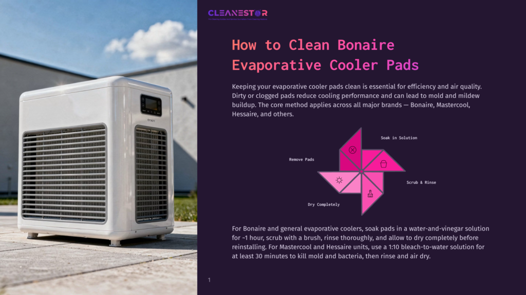 1 How To Clean Bonaire Evaporative Cooler Pads Cleanestor Logo At The Top Of A Page With Instructions On How To Clean Bonaire Evaporative Cooler Pads. A White Evaporative Cooler Unit Sits On A Patio.