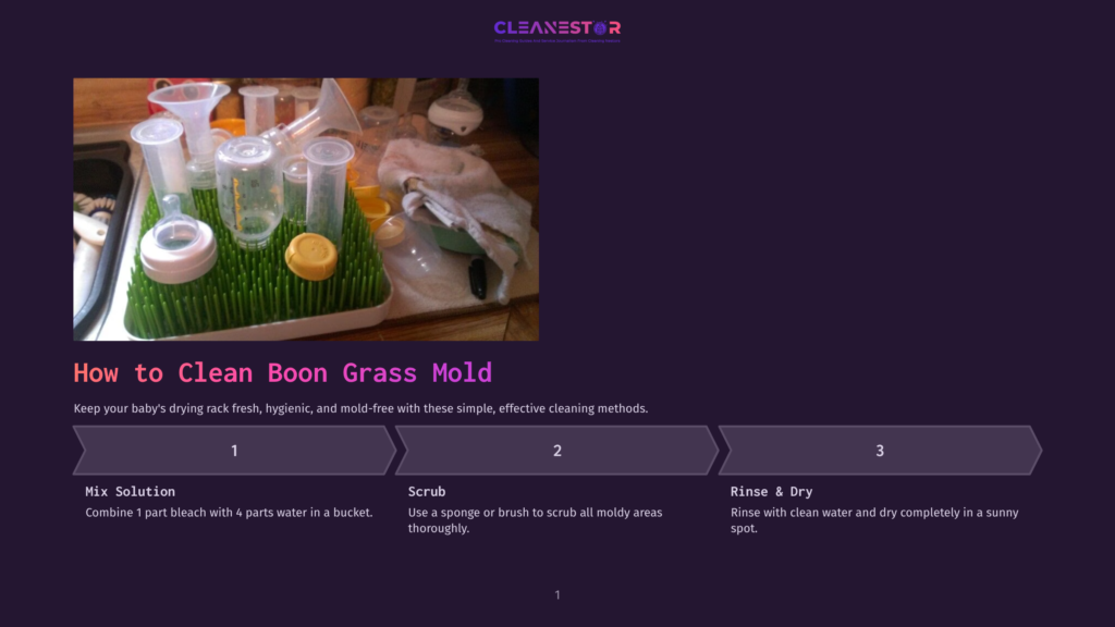A Baby Bottle Drying Rack Filled With Various Baby Bottle Parts, Including Nipples, Rings, And Shields, Sits Next To A Sink With A Dirty Dish Towel. The Text &Quot;How To Clean Boon Grass Mold&Quot; Is Overlaid On The Image.