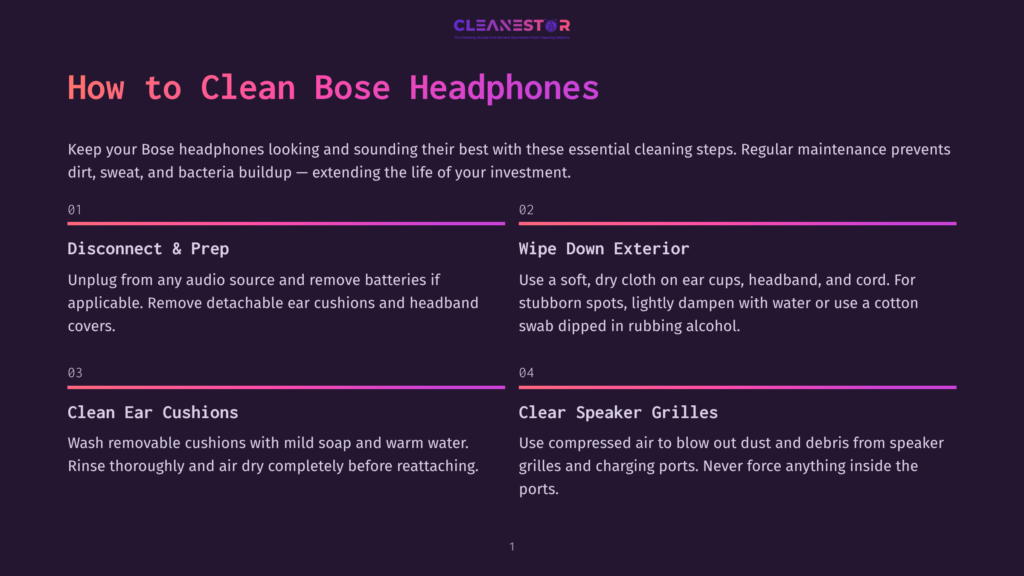 Infographic Titled &Quot;How To Clean Bose Headphones&Quot; With Four Steps: Disconnect &Amp; Prep, Wipe Down Exterior, Clean Ear Cushions, And Clear Speaker Grilles.