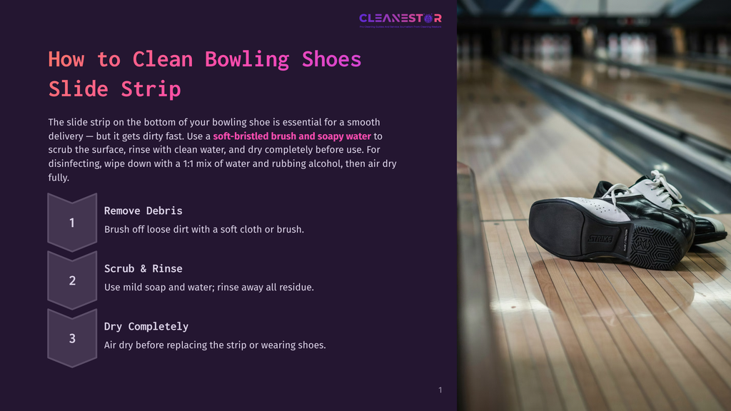 Close-Up Of A Bowling Shoe'S Slide Strip On A Polished Bowling Lane. The Text &Quot;How To Clean Bowling Shoes Slide Strip&Quot; Is Visible On The Left.