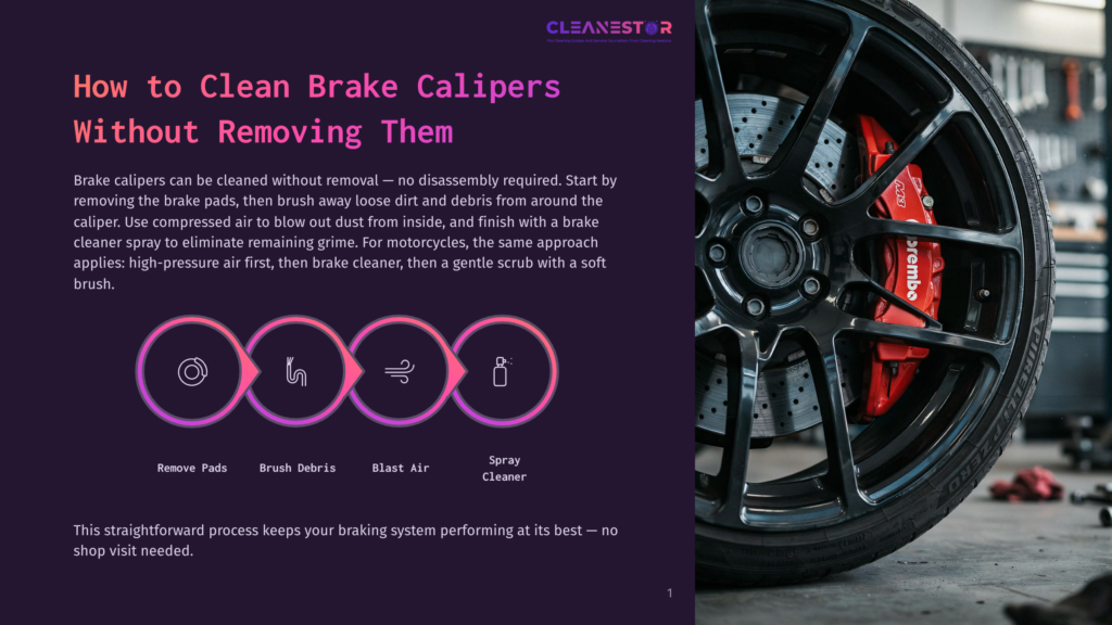 Close-Up Of A Red Brembo Brake Caliper On A Black Custom Car Wheel, With Part Of A Garage Visible In The Background. Text Overlay: &Quot;Cleanestor How To Clean Brake Calipers Without Removing Them&Quot;.