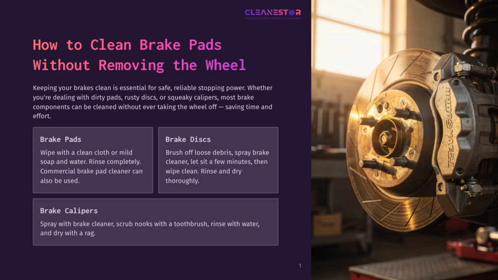 1 How To Clean Brake Pads Without Removing The Wheel Close-Up Of A Car'S Brake Rotor And Caliper, With Text Overlay On The Left Discussing How To Clean Brake Pads, Discs, And Calipers Without Removing The Wheel.